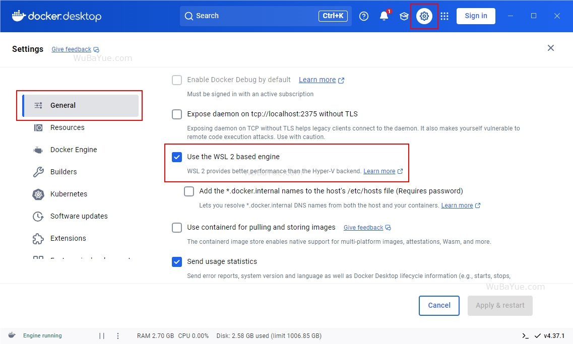 在Docker Desktop中启用WSL 2
